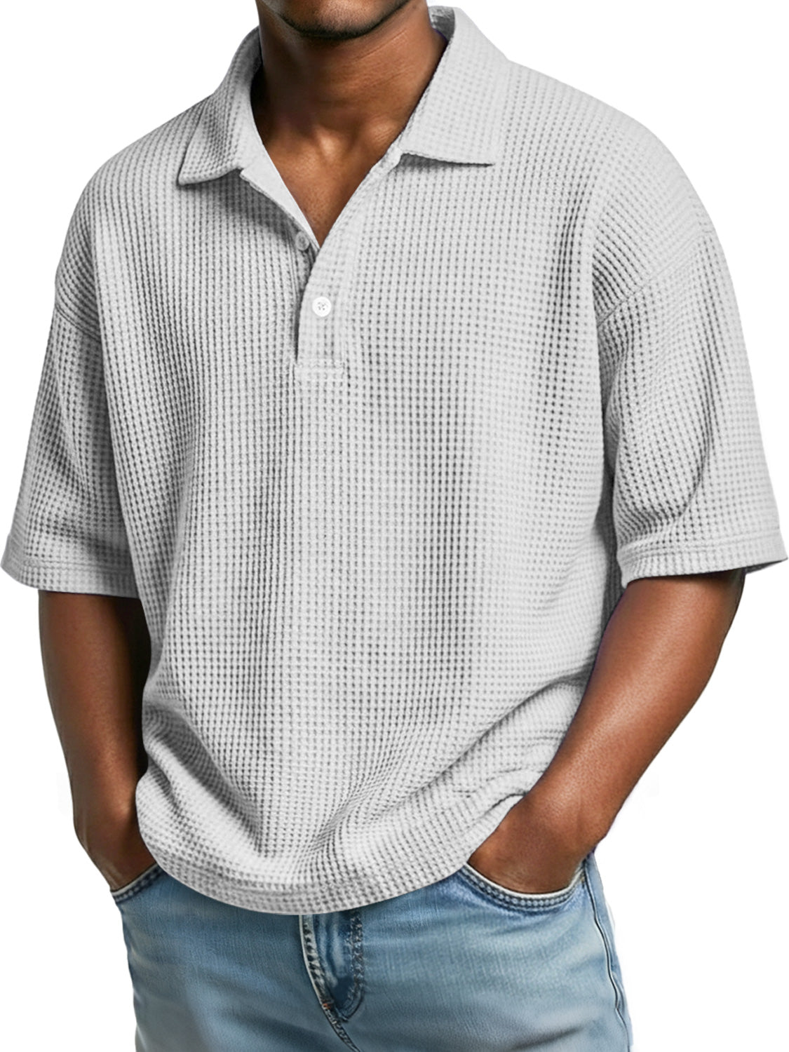 Men's casual short sleeve polo shirt with a simple waffle knit collar and buttons