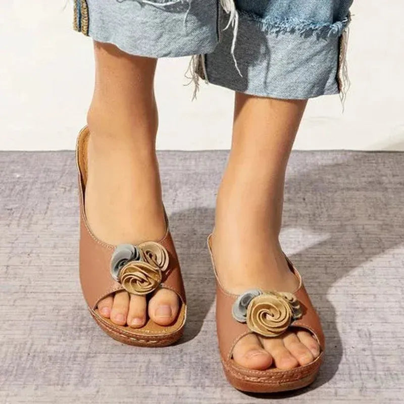 ⏰Last Day 70% OFF 🔥 Womens Comfy Leather Solid Flower Strap Wedge Sandals