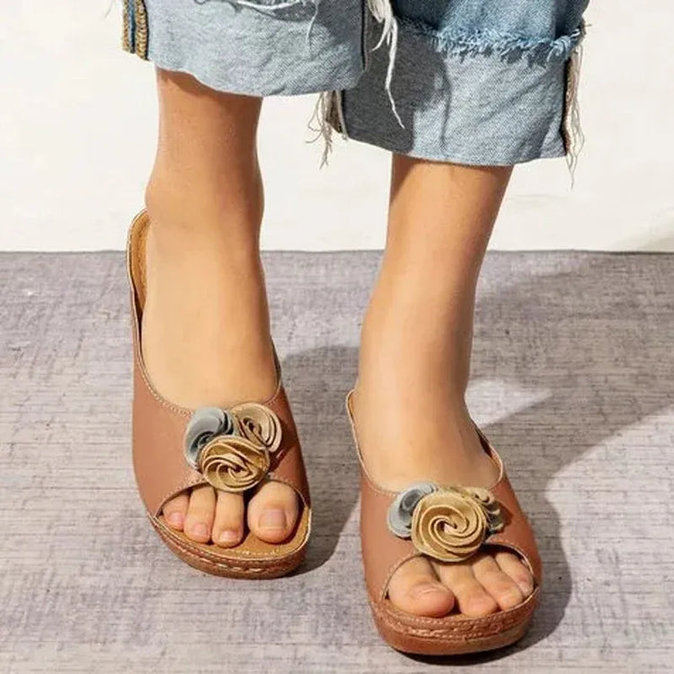 ⏰Last Day 70% OFF 🔥 Womens Comfy Leather Solid Flower Strap Wedge Sandals
