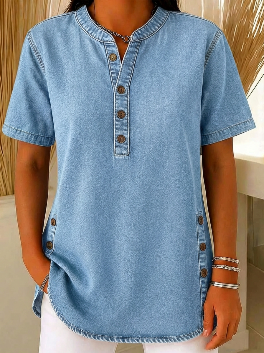NEW🔥Casual loose denim V-neck short sleeve top for women