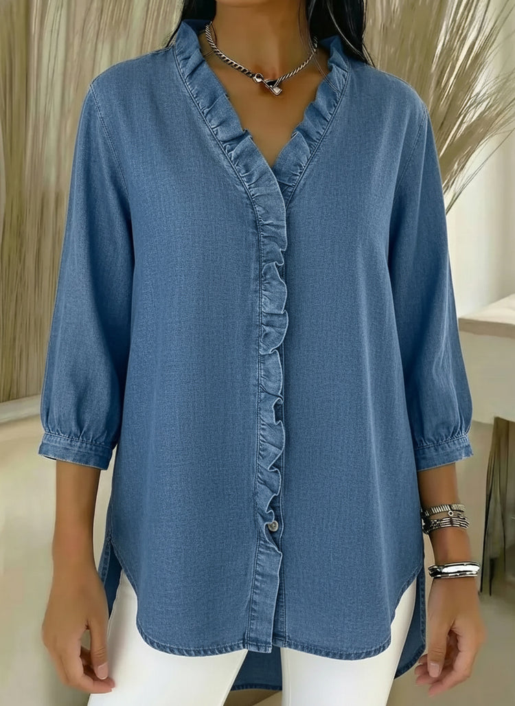 New arrival🔥 Casual denim ruffle V-neck shirt for women