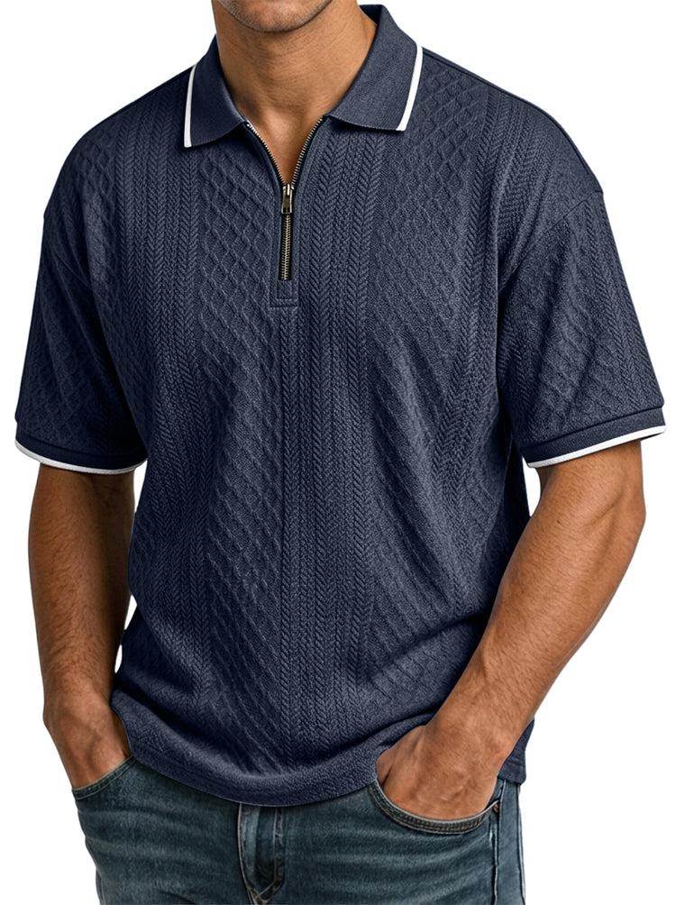 Men's casual, short-sleeved jacquard polo shirt with a structured collar and zip fastening - the comfortable polo shirt men wear again and again