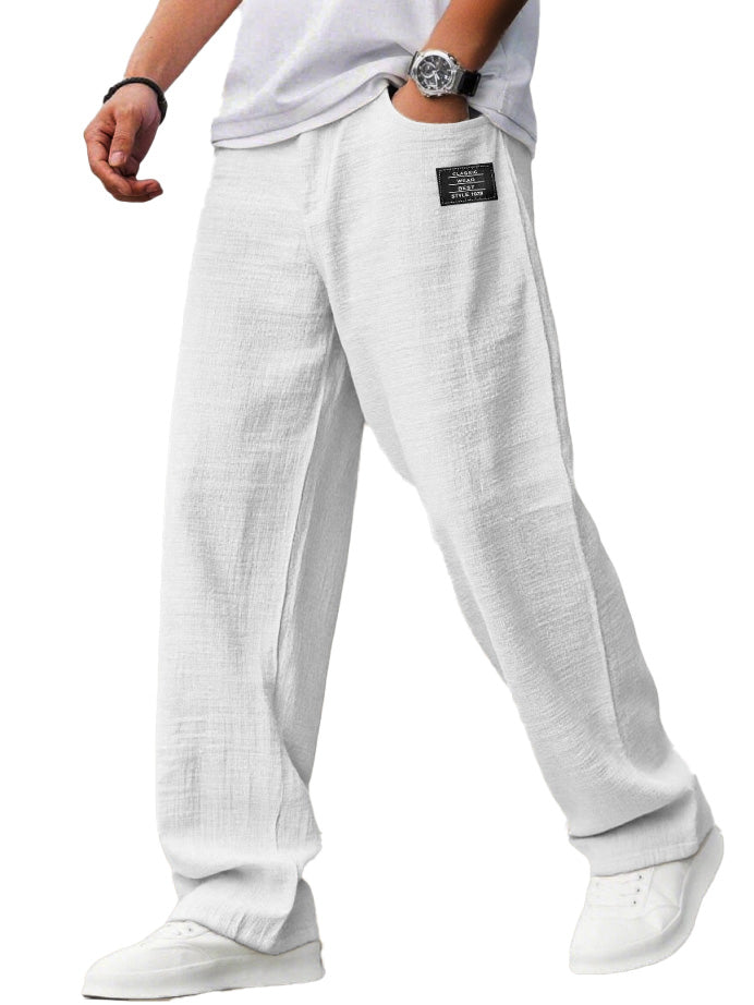 Men's casual hemp trousers with embroidered logo, drawstring, loose elastic waist and pockets
