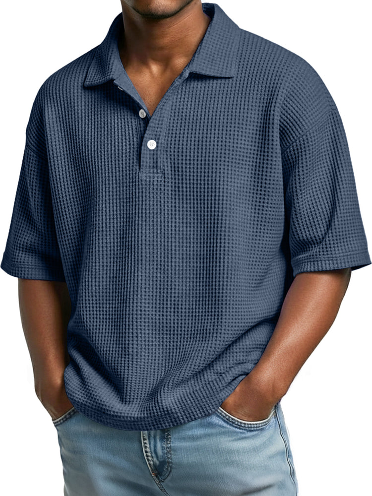 Men's casual short sleeve polo shirt with a simple waffle knit collar and buttons