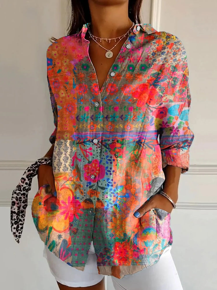 WOMEN'S SHIRT IN COTTON LINEN WITH ABSTRACT LINES