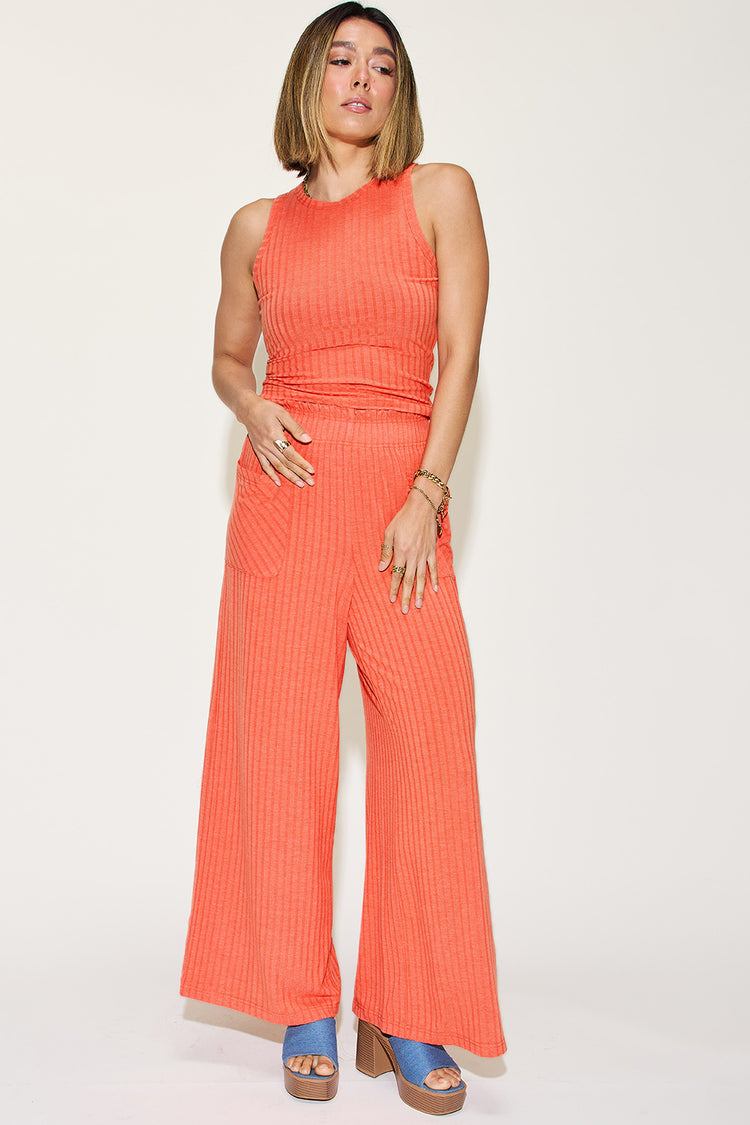 Damen-Set aus geripptem Tanktop und Hose mit weitem Bein