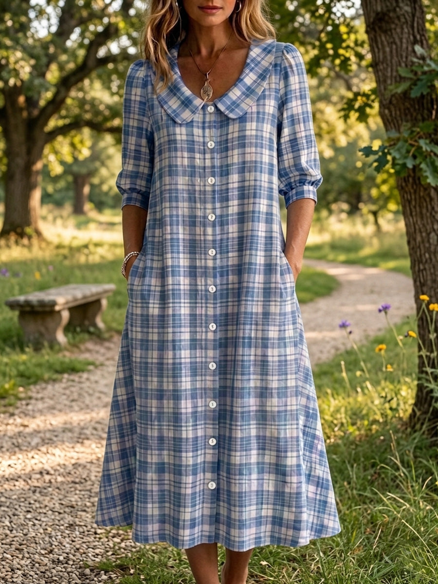 New Arrival🔥 Retro Peter Pan Collar Stripe Print Cotton Dress for Women