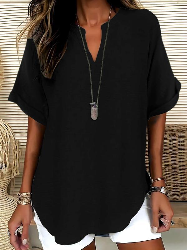 🔥Simple short sleeve blouse for women, casual solid color top for everyday wear, women's clothing for all seasons