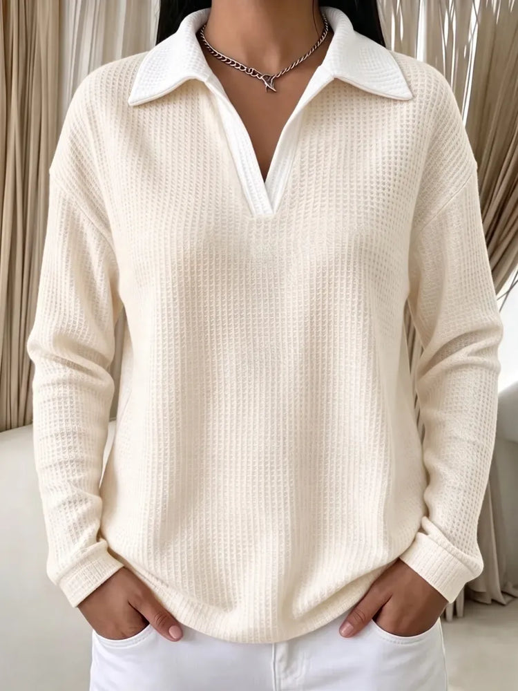 New Arrivals🔥Women's Contrast-Collar Waffle Long-Sleeve Pullover
