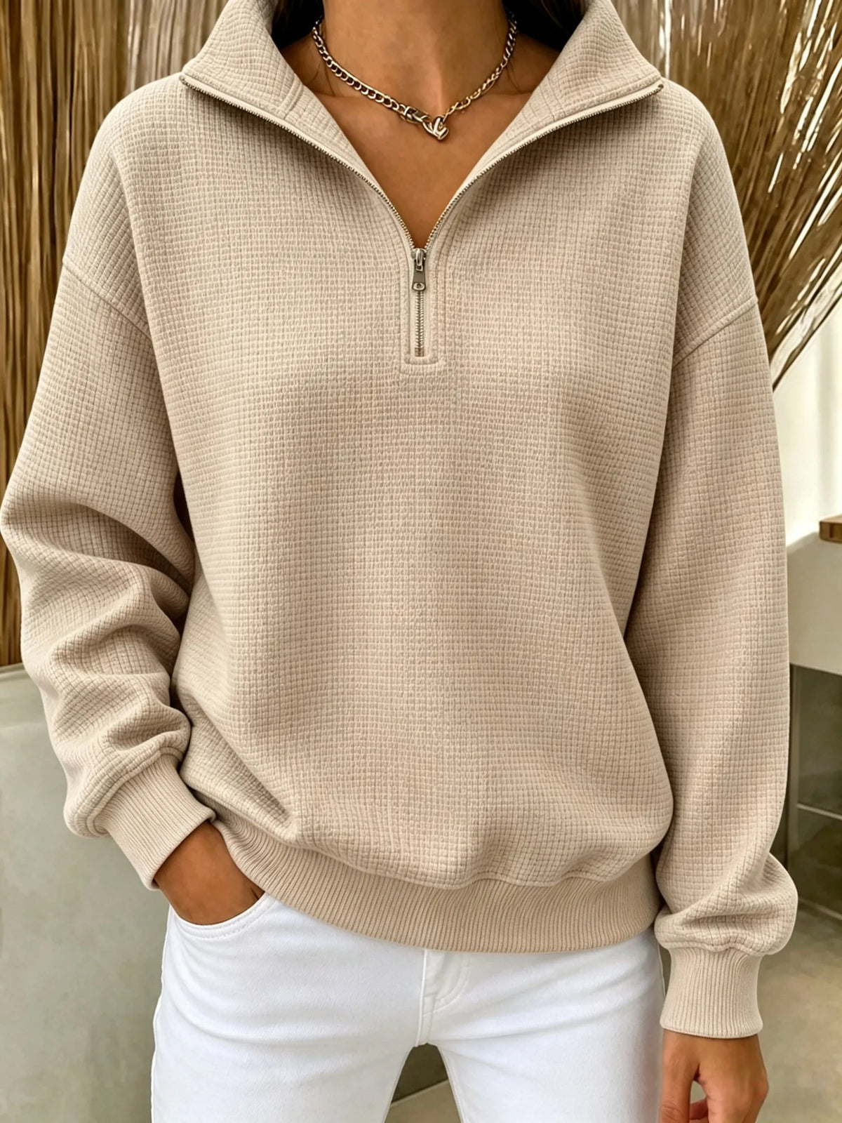⏰Last Day 70% OFF 🔥 Women's Waffle Knit Quarter-Zip Sweatshirt
