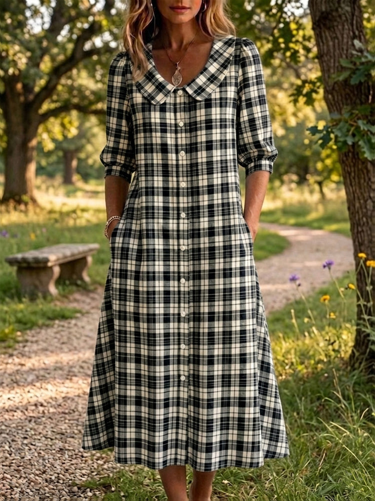 New Arrival🔥 Retro Peter Pan Collar Stripe Print Cotton Dress for Women
