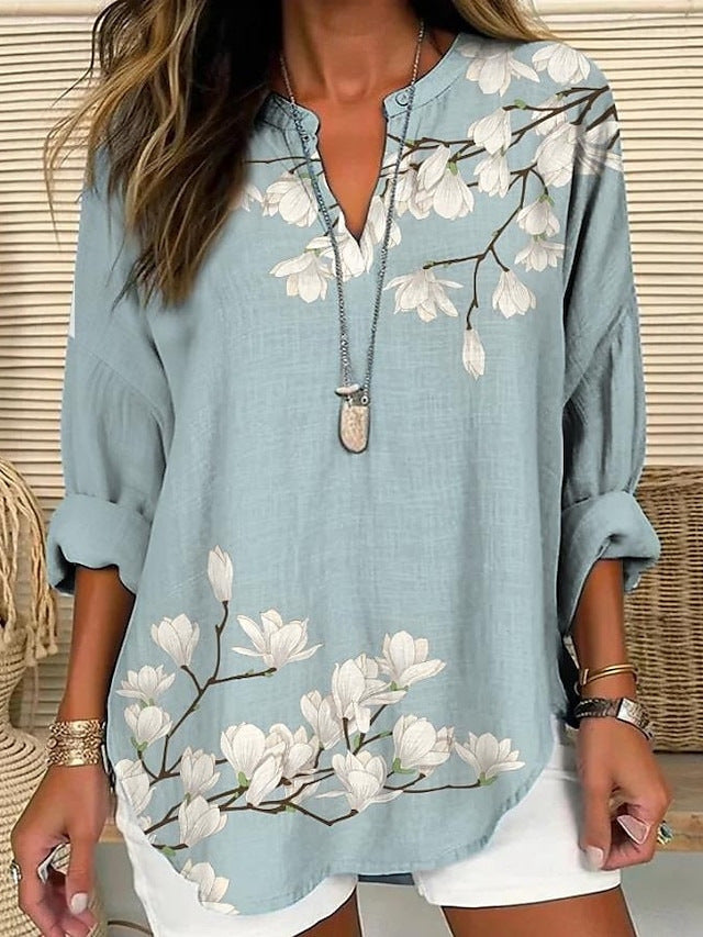 Summer small V-neck long sleeve T-shirt, floral print, simple, casual, elegant T-shirt