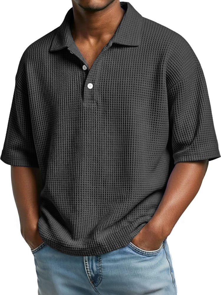 Men's casual short sleeve polo shirt with a simple waffle knit collar and buttons