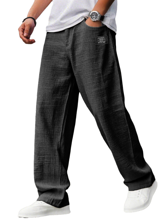 Men's casual hemp trousers with embroidered logo, drawstring, loose elastic waist and pockets
