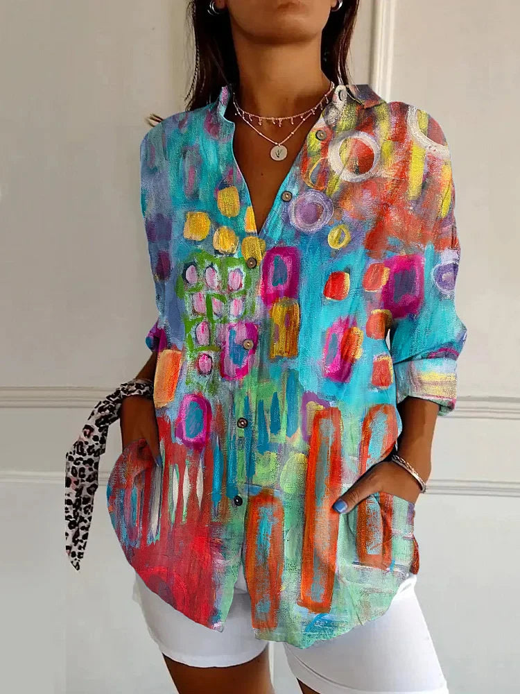 WOMEN'S SHIRT IN COTTON LINEN WITH ABSTRACT LINES