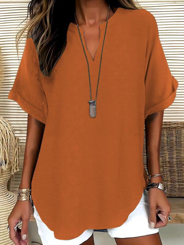 🔥Simple short sleeve blouse for women, casual solid color top for everyday wear, women's clothing for all seasons