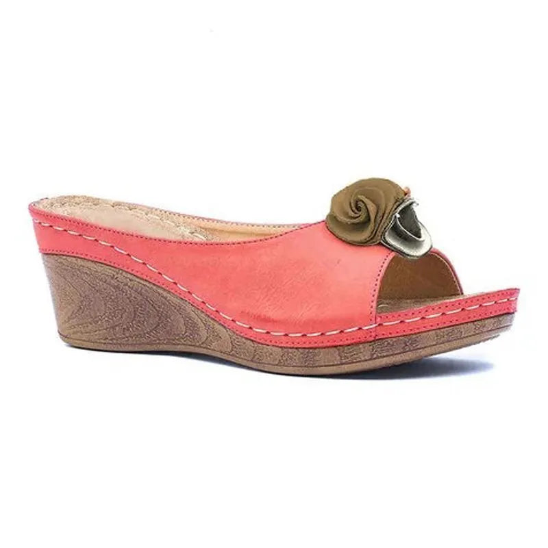 ⏰Last Day 70% OFF 🔥 Womens Comfy Leather Solid Flower Strap Wedge Sandals