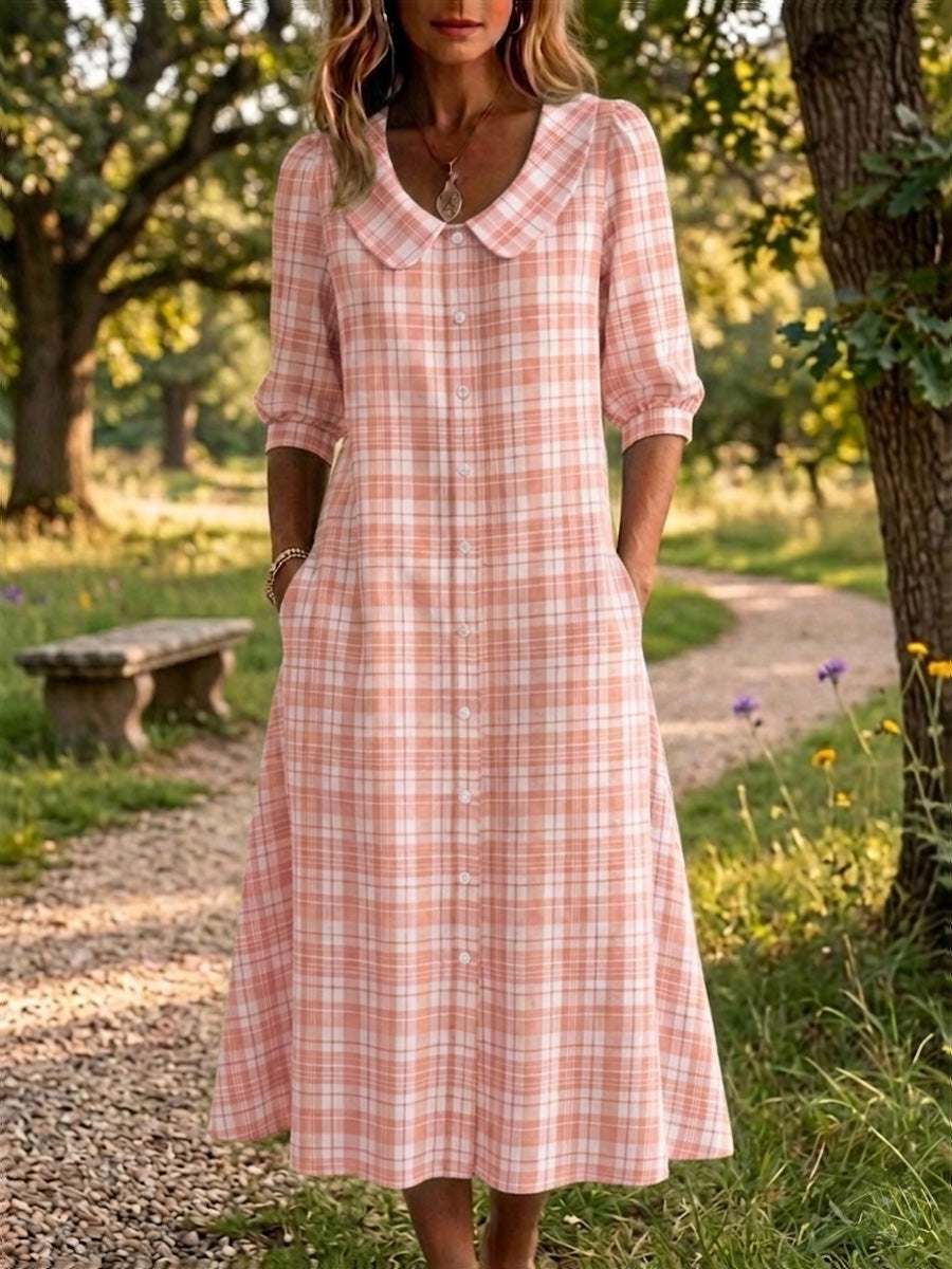 New Arrival🔥 Retro Peter Pan Collar Stripe Print Cotton Dress for Women