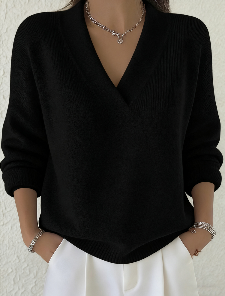 Casual solid color V-neck sweater top for women
