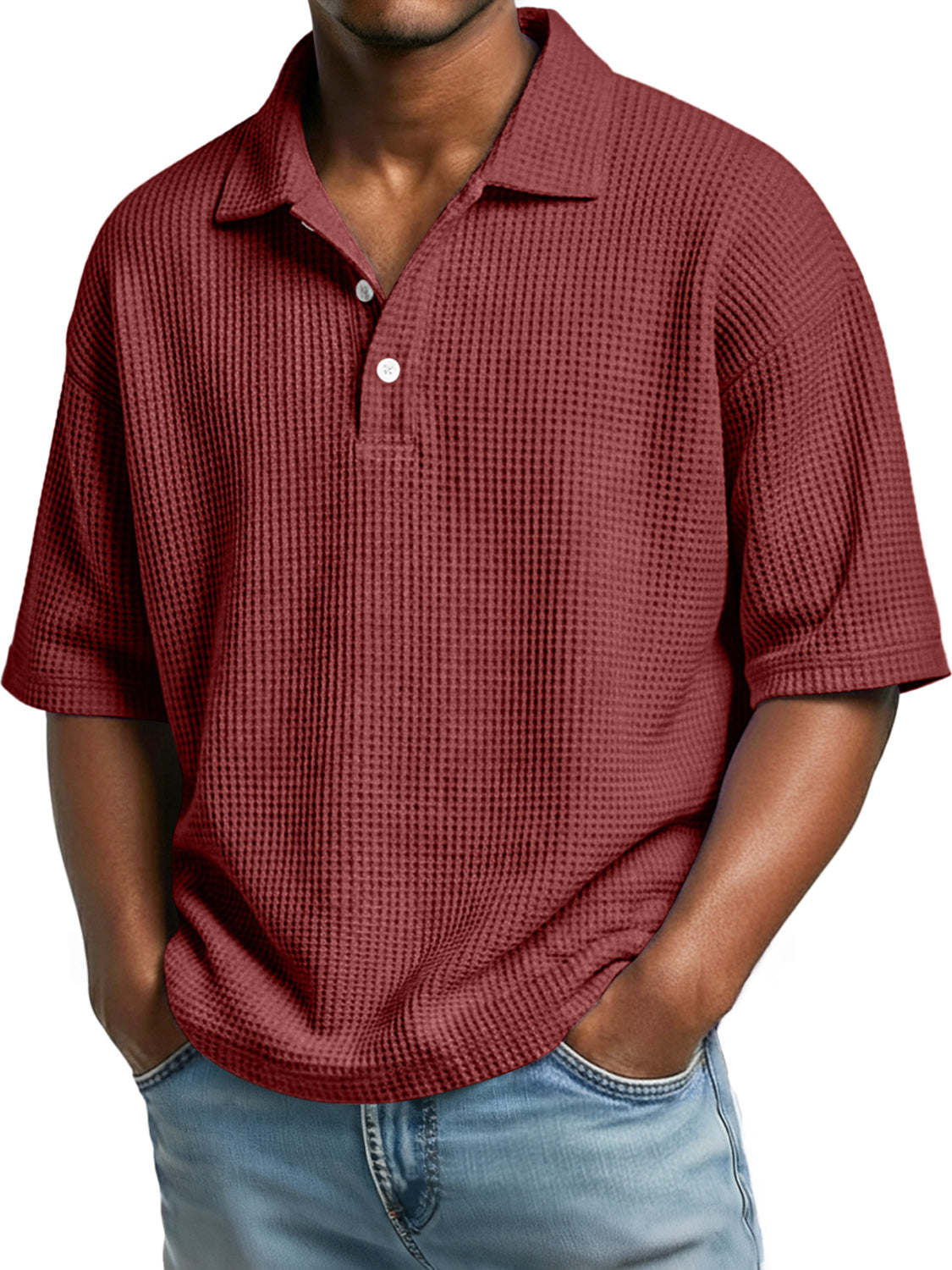 Men's casual short sleeve polo shirt with a simple waffle knit collar and buttons