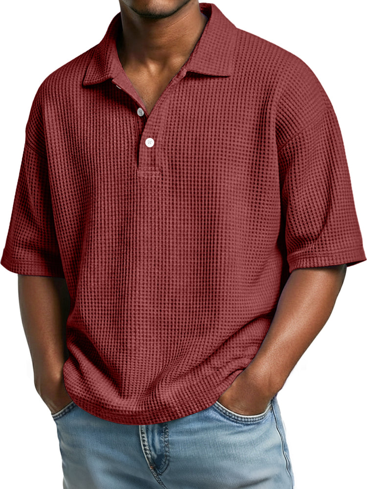 Men's casual short sleeve polo shirt with a simple waffle knit collar and buttons