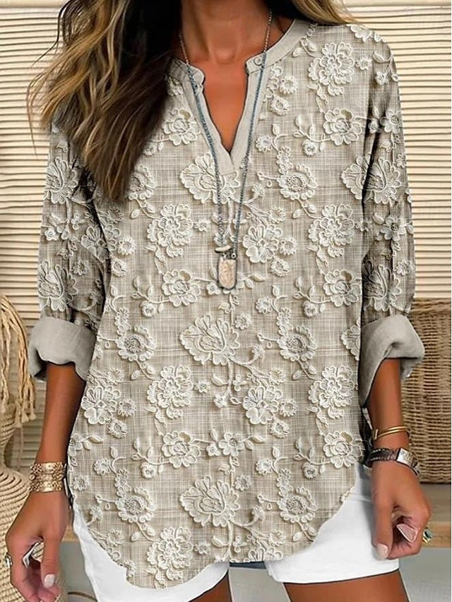 Summer Small V-neck Long-sleeved Floral Print Simple Casual Elegant T-shirt
