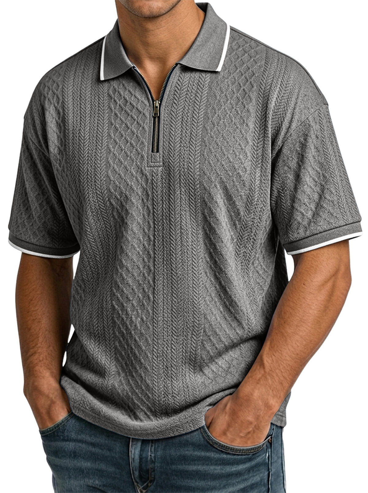 Men's casual, short-sleeved jacquard polo shirt with a structured collar and zip fastening - the comfortable polo shirt men wear again and again