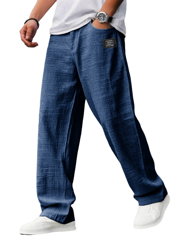 Men's casual hemp trousers with embroidered logo, drawstring, loose elastic waist and pockets