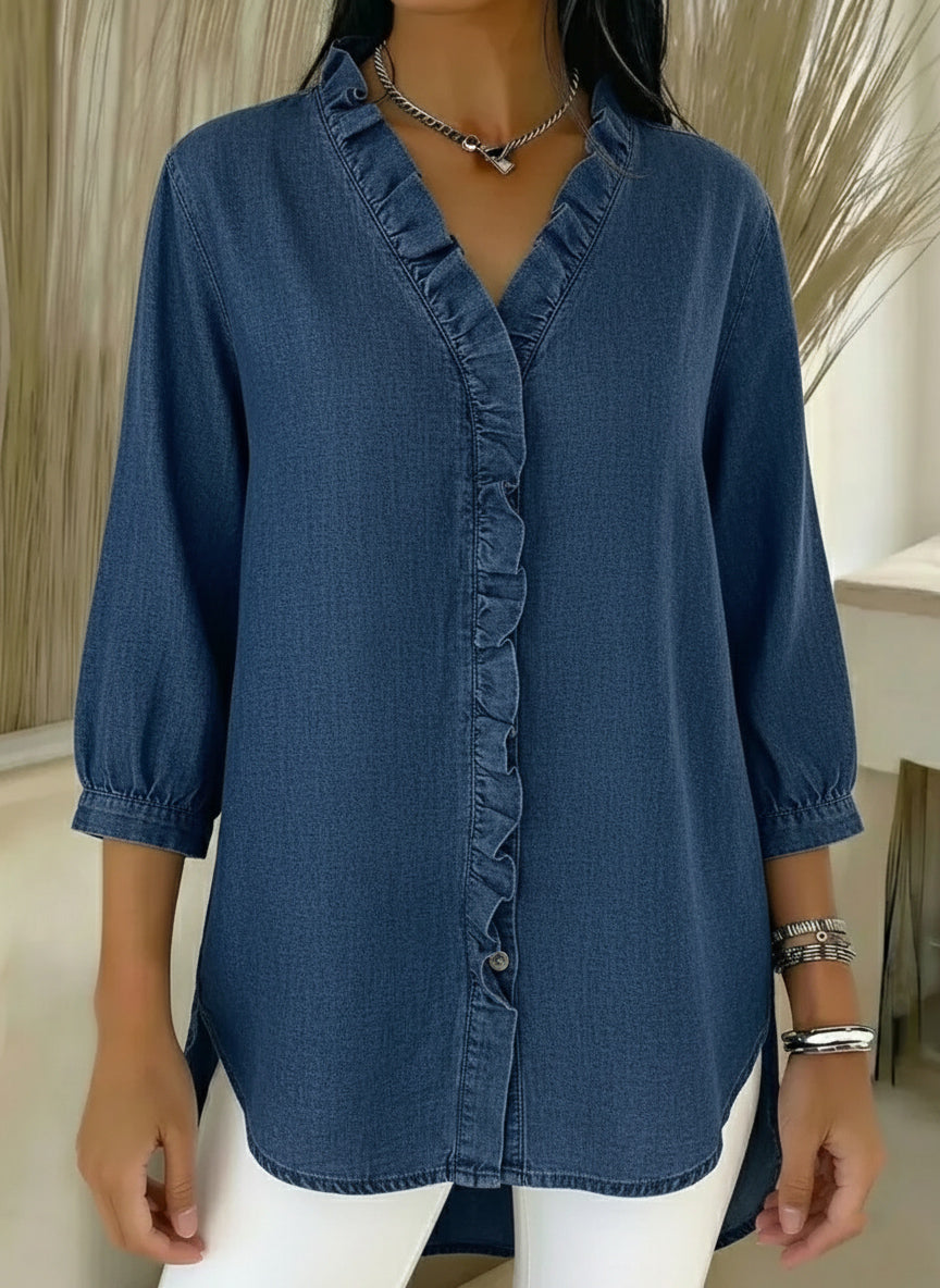 New arrival🔥 Casual denim ruffle V-neck shirt for women