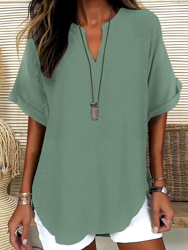 🔥Simple short sleeve blouse for women, casual solid color top for everyday wear, women's clothing for all seasons