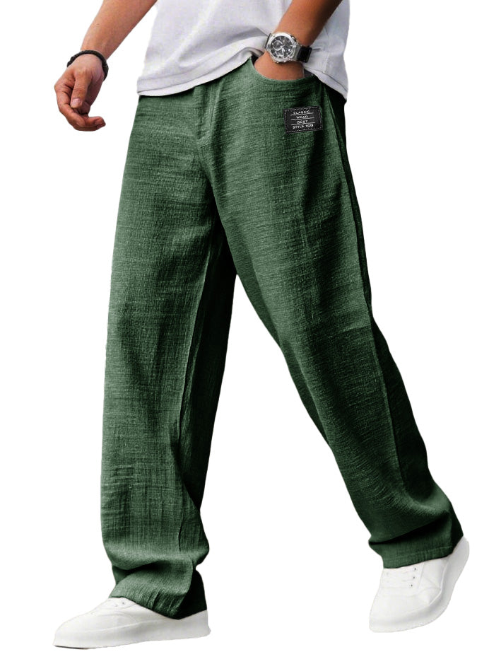 Men's casual hemp trousers with embroidered logo, drawstring, loose elastic waist and pockets