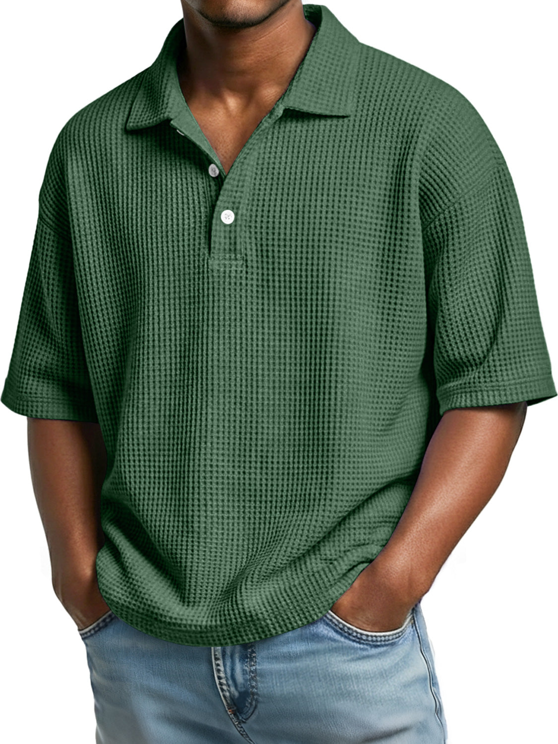 Men's casual short sleeve polo shirt with a simple waffle knit collar and buttons
