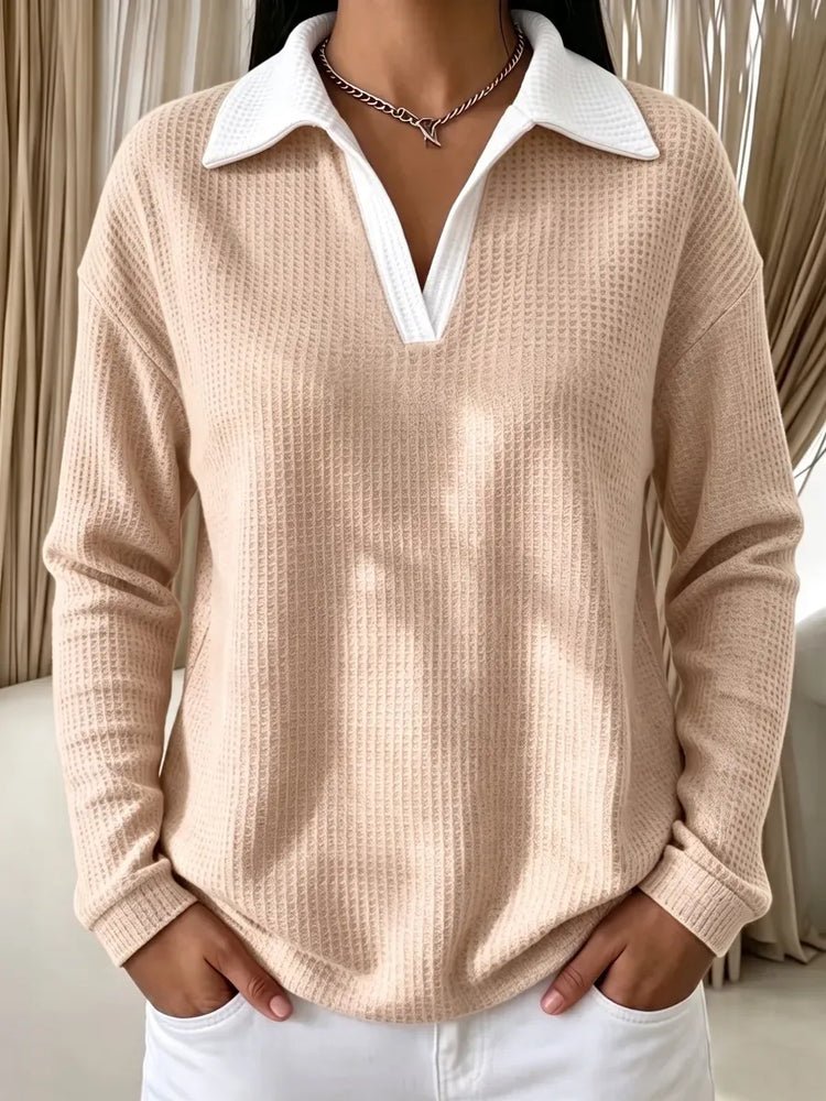 New Arrivals🔥Women's Contrast-Collar Waffle Long-Sleeve Pullover