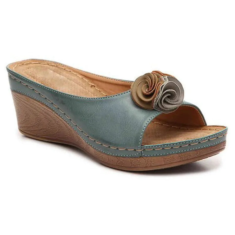⏰Last Day 70% OFF 🔥 Womens Comfy Leather Solid Flower Strap Wedge Sandals