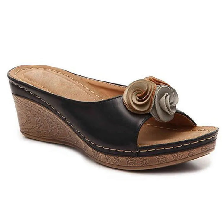 ⏰Last Day 70% OFF 🔥 Womens Comfy Leather Solid Flower Strap Wedge Sandals
