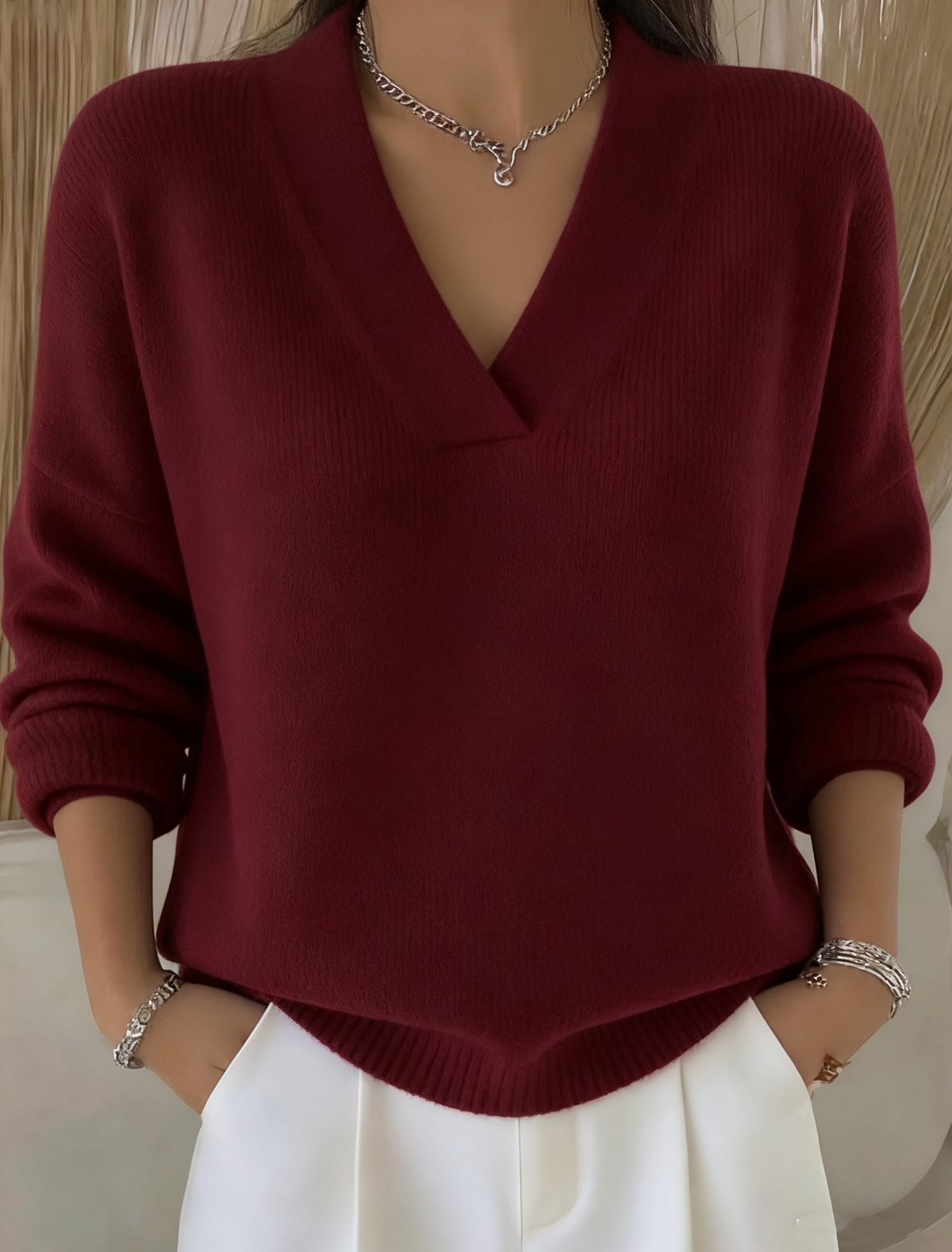Casual solid color V-neck sweater top for women