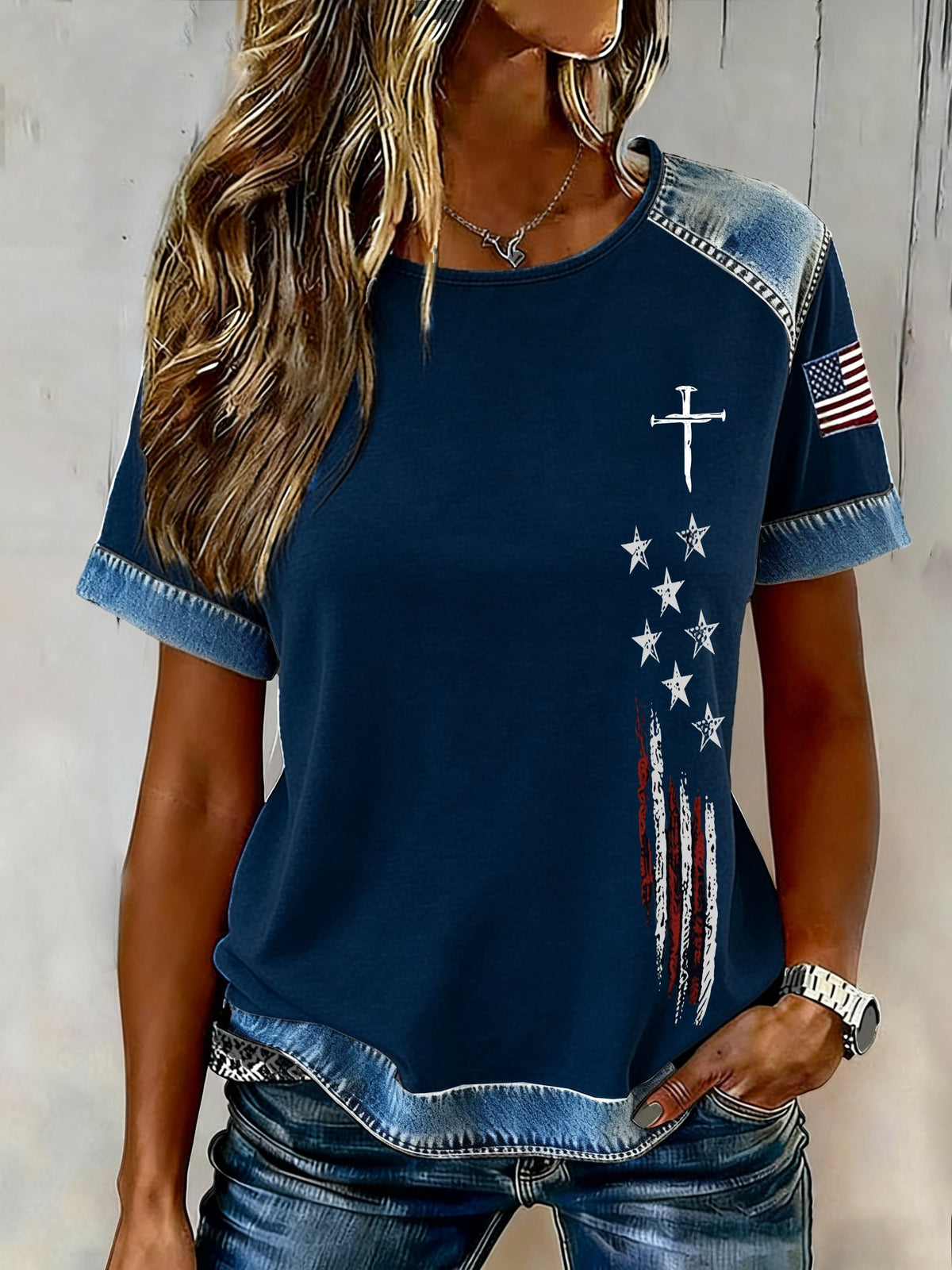 Casual women's T-shirt with a retro flag motif