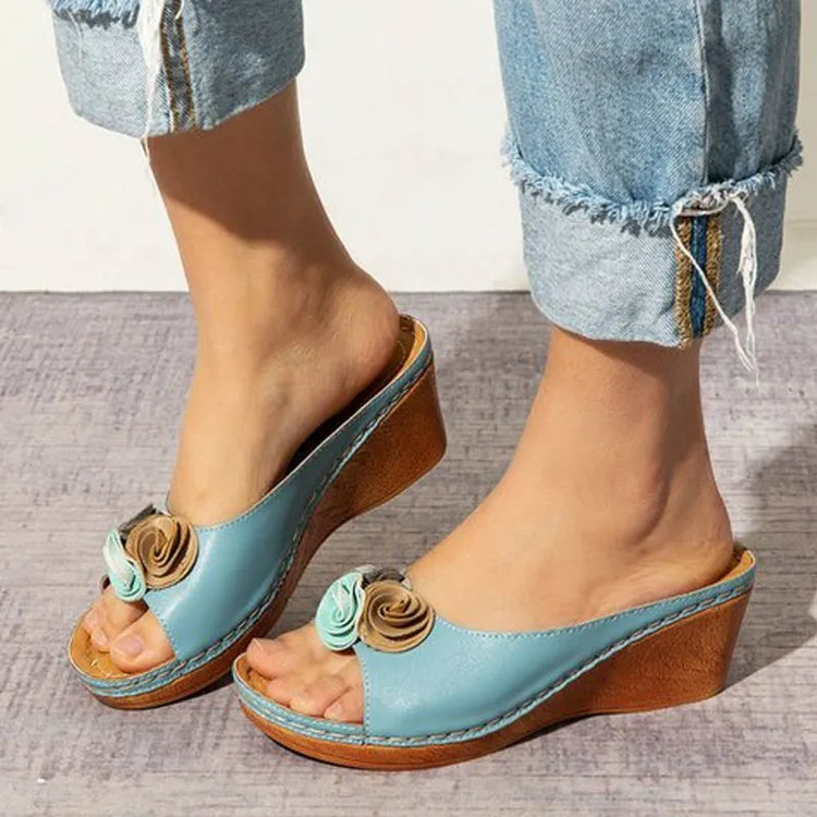 ⏰Last Day 70% OFF 🔥 Womens Comfy Leather Solid Flower Strap Wedge Sandals