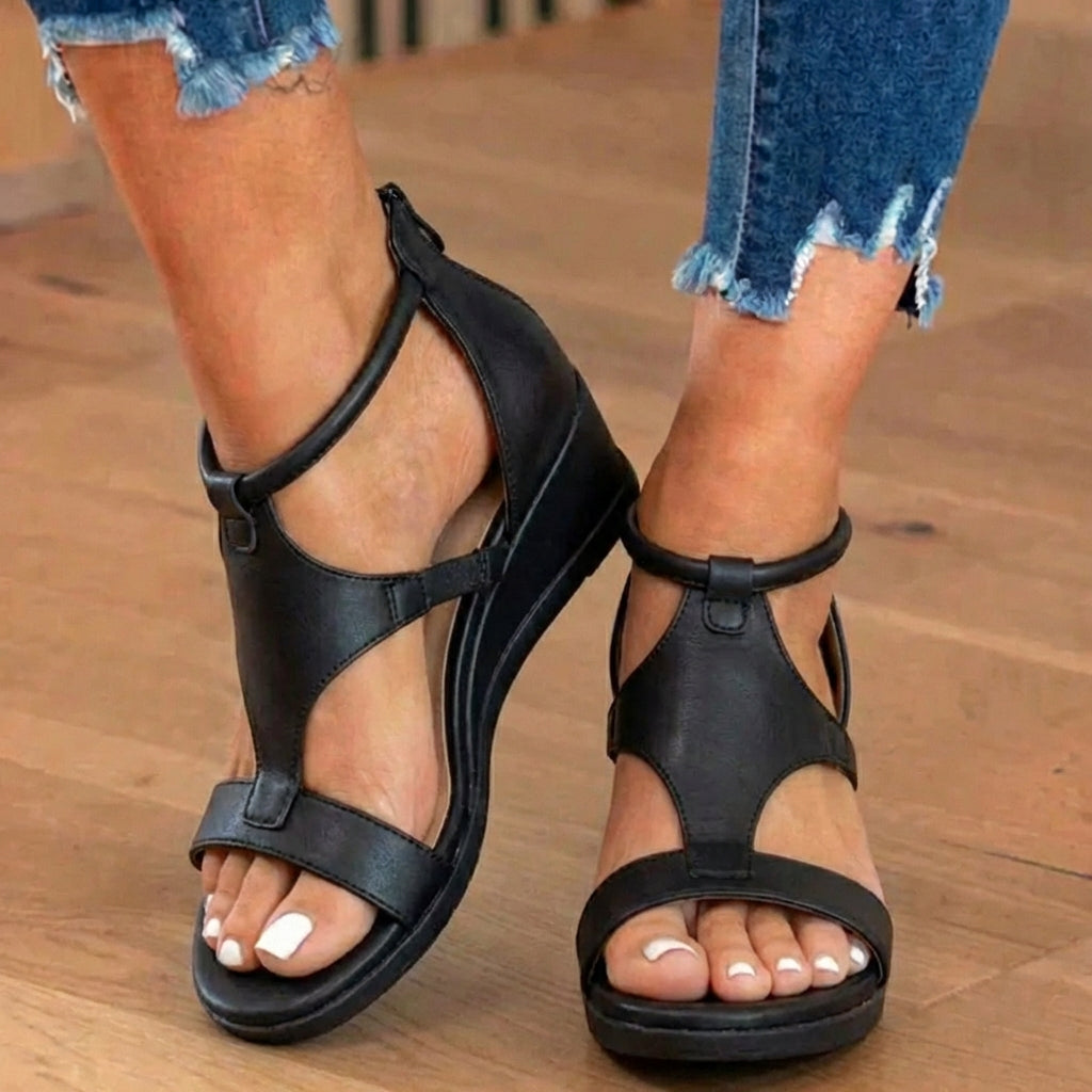 Leather Gladiator Sandals - T-Strap with Ankle Buckle