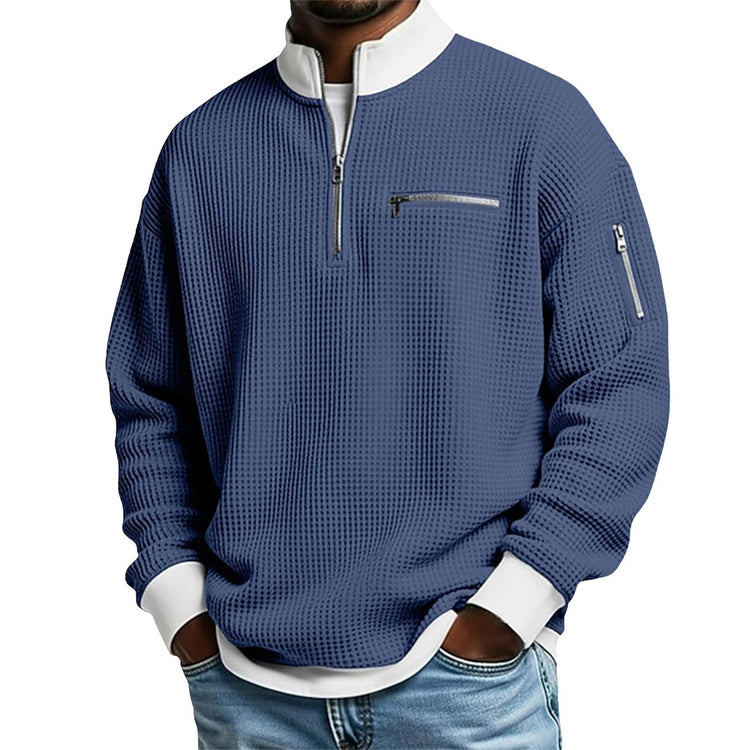 Men's Waffle Half-Zip Stand Collar Pullover with Zip Pockets
