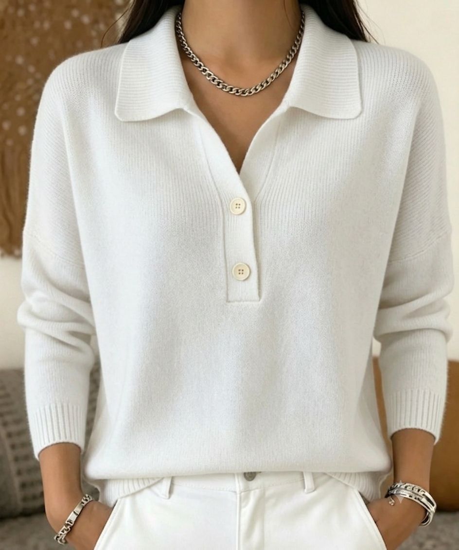 Relaxed women's knitted sweater with two buttons and polo collar