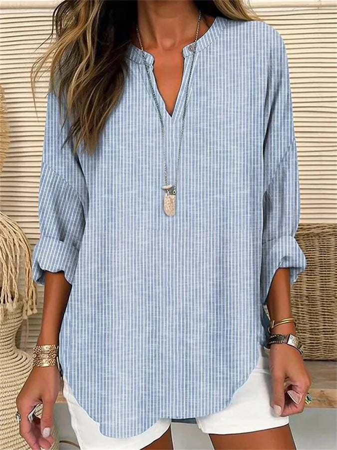 Summer Small V-neck Long-sleeved Floral Print Simple Casual Elegant T-shirt