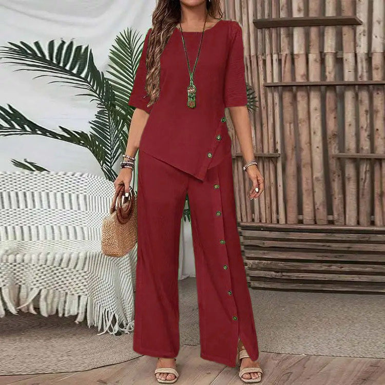 ⏳Limited time offer⏰Two piece set with irregular hem top and wide leg pants