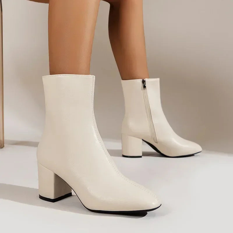 Women's Ankle Boots - Pointed Toe - Side Zipper - Stretch Fit - Mid Heel - Stylish Short Boot