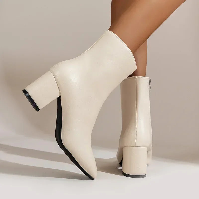 Women's Ankle Boots - Pointed Toe - Side Zipper - Stretch Fit - Mid Heel - Stylish Short Boot