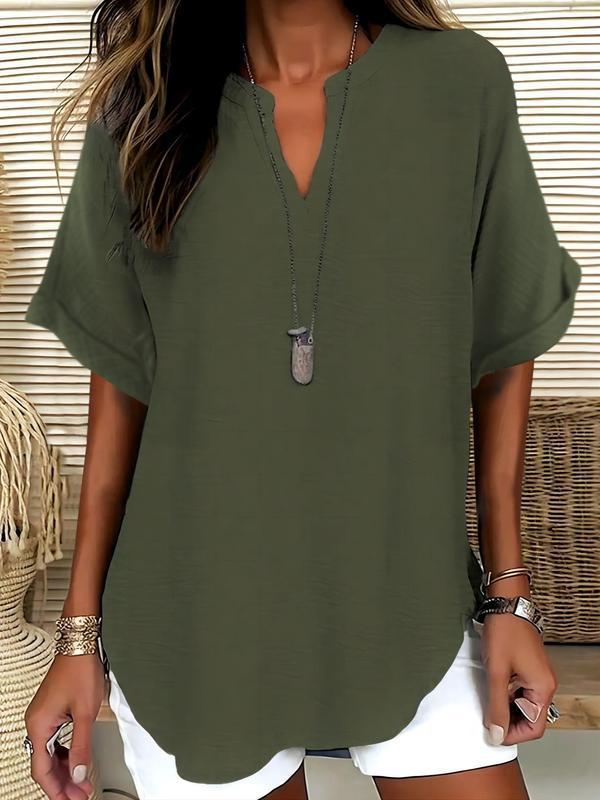 🔥Simple short sleeve blouse for women, casual solid color top for everyday wear, women's clothing for all seasons