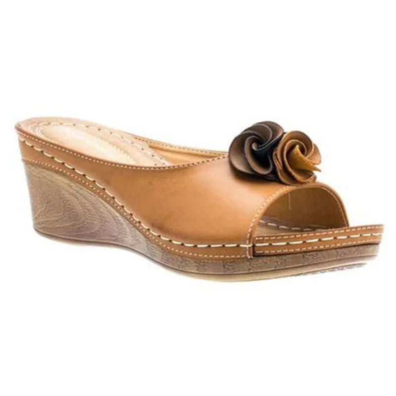 ⏰Last Day 70% OFF 🔥 Womens Comfy Leather Solid Flower Strap Wedge Sandals