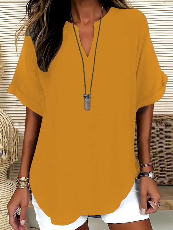 🔥Simple short sleeve blouse for women, casual solid color top for everyday wear, women's clothing for all seasons