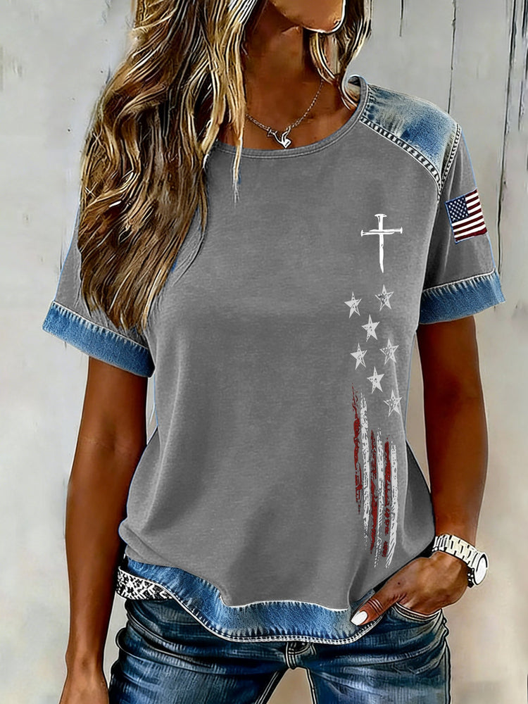 Casual women's T-shirt with a retro flag motif