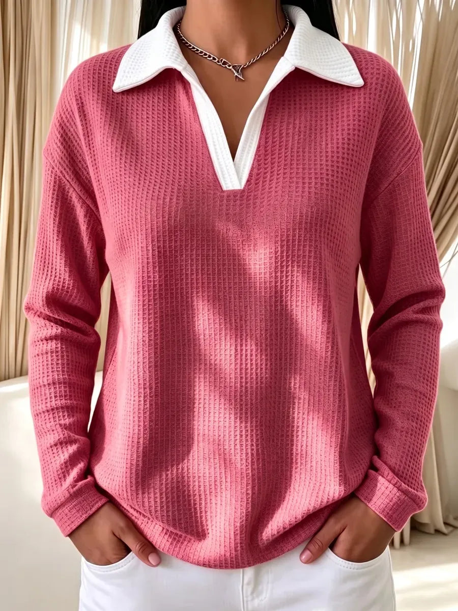New Arrivals🔥Women's Contrast-Collar Waffle Long-Sleeve Pullover